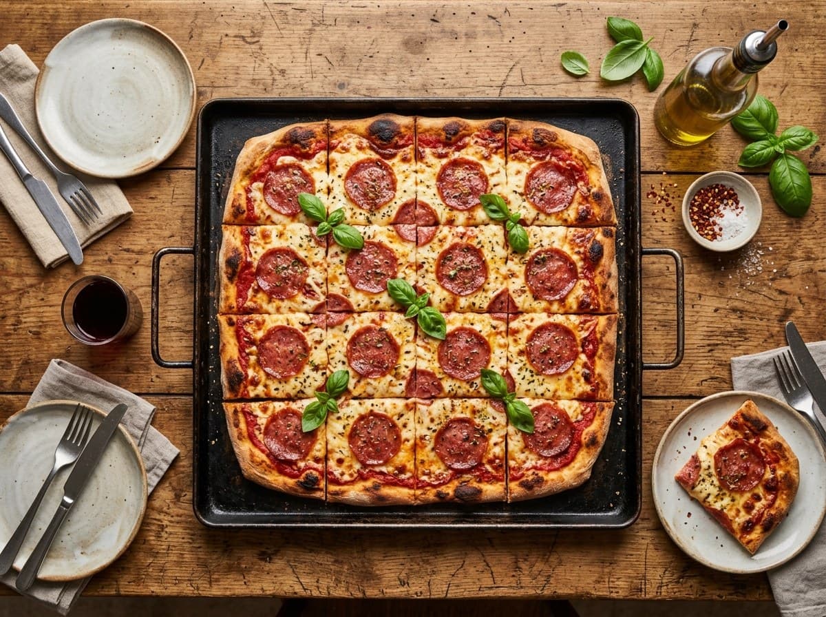 Eckige Pizza mit Salami auf einem Backblech